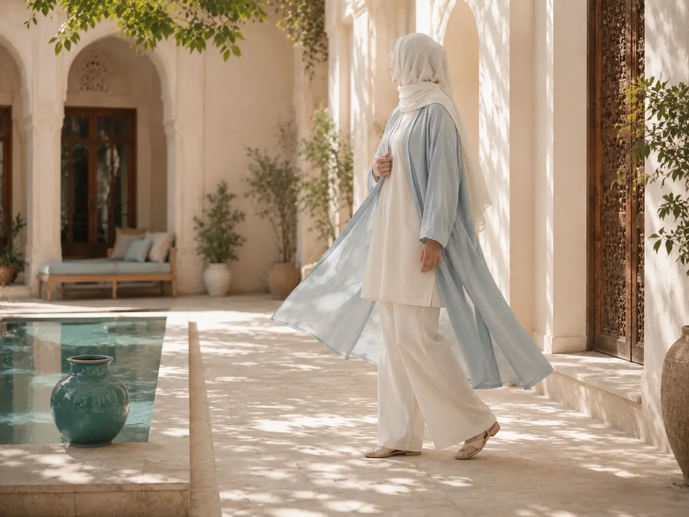 عبای سبک آبی خاموش با لایه شیری تابستانی