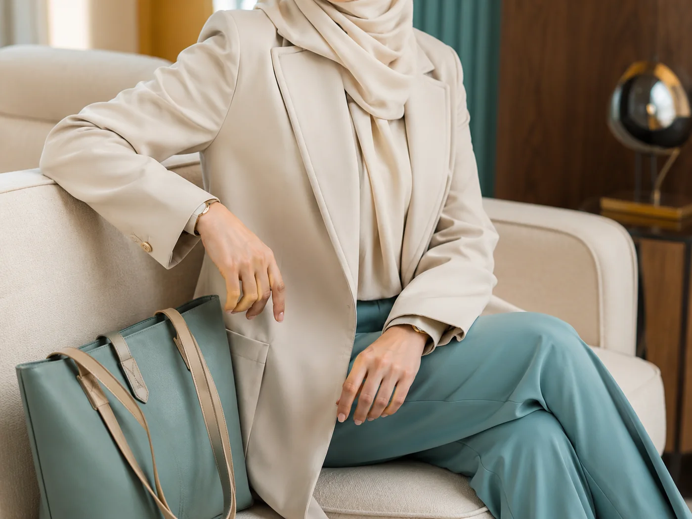 جزئیات استایل کاری؛ یقه مرتب، روسری ثابت و کیف کاربردی