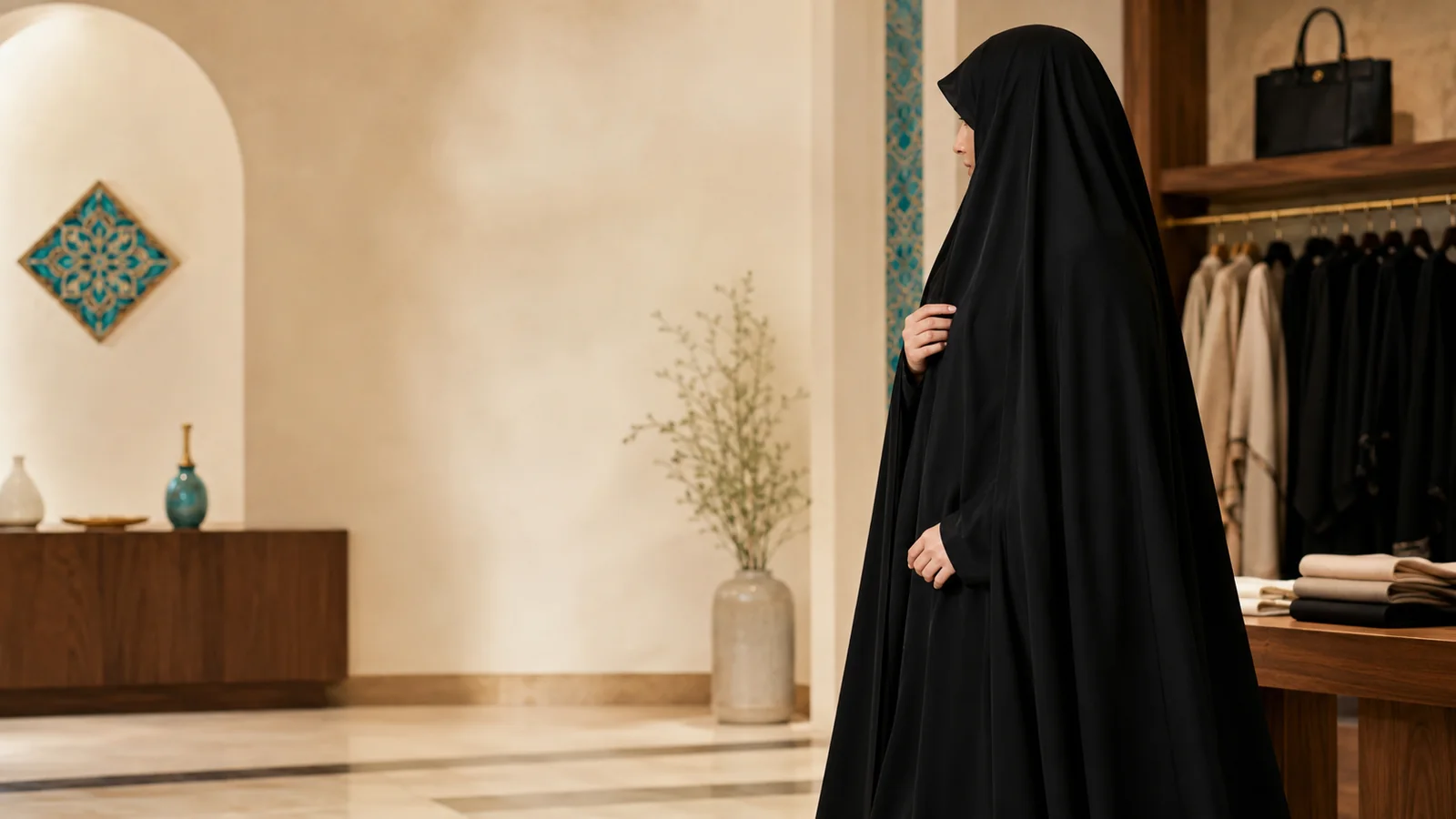 بانویی با چادر مشکی خوش‌ریزش در فضای مینیمال مزون