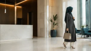 استایل حرفه‌ای با مانتوی ذغالی و روسری آبی تیره