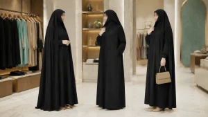 سه مدل متفاوت چادر مشکی زنانه در فضای مزون